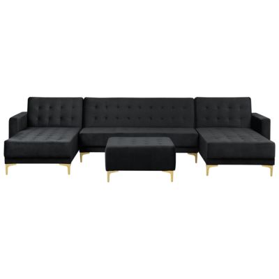 Canapé-lit modulable en forme de U ABERDEEN Velours Noir avec ottoman 5 places