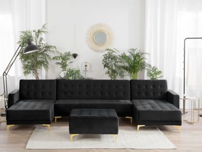 Canapé-lit modulable en forme de U ABERDEEN Velours Noir avec ottoman 5 places