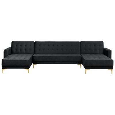 Canapé-lit modulable en forme de U ABERDEEN Velours Noir avec ottoman 5 places