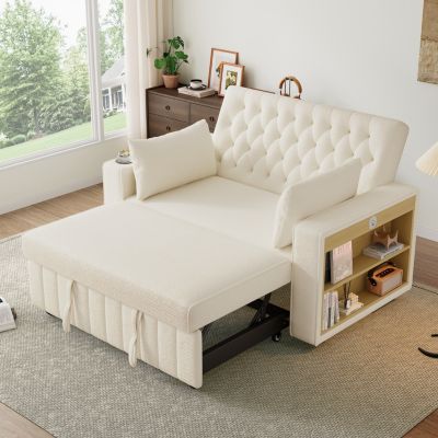 Canapé-lit multifonction beige avec rangement, porte-gobelets, port USB et coussins, convertible pour chambre ou chambre d'invités