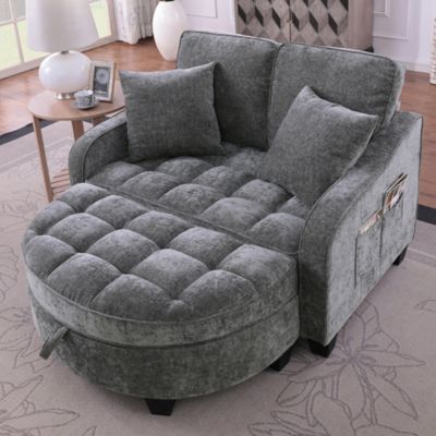 Canapé-lit multifonctionnel 2 en 1 avec pouf de rangement, bois d'eucalyptus, gris foncé, tissu respirant et doux