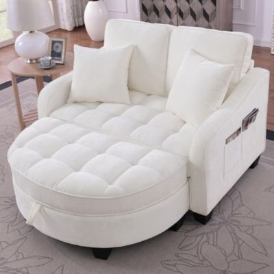 Canapé-lit multifonctionnel et pouf de rangement, tissu respirant et doux, beige