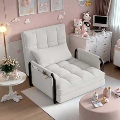 Canapé-lit réglable 5 positions en tissu peluche blanc, convertible sofa/bed avec poches de rangement latérales