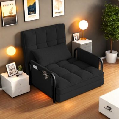 Canapé-lit réglable 5 positions en tissu peluche noir, convertible sofa/bed avec poches de rangement latérales