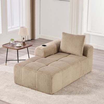 Canapé Méridienne 1 Place avec Porte-Gobelet et Poches Latérales, Coussin de Dossier, Sans Assemblage, Velours Côtelé Marron