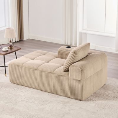 Canapé Méridienne 1 Place avec Porte-Gobelet et Poches Latérales, Coussin de Dossier, Sans Assemblage, Velours Côtelé Marron