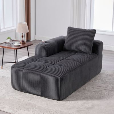 Canapé Méridienne 1 Place avec Porte-Gobelet, Poches Latérales et Coussin de Dossier, Salon Moderne sans Assemblage - Gris Foncé