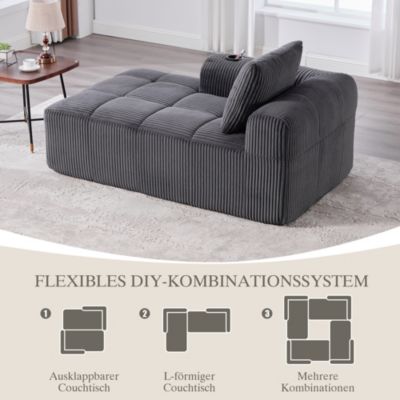 Canapé Méridienne 1 Place avec Porte-Gobelet, Poches Latérales et Coussin de Dossier, Salon Moderne sans Assemblage - Gris Foncé
