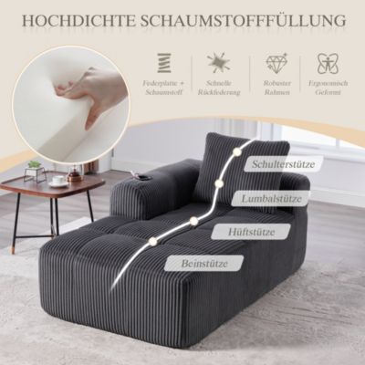 Canapé Méridienne 1 Place avec Porte-Gobelet, Poches Latérales et Coussin de Dossier, Salon Moderne sans Assemblage - Gris Foncé