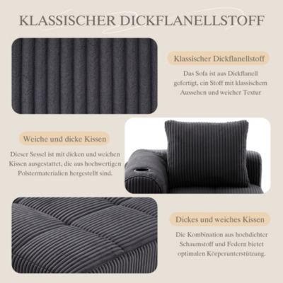 Canapé Méridienne 1 Place avec Porte-Gobelet, Poches Latérales et Coussin de Dossier, Salon Moderne sans Assemblage - Gris Foncé