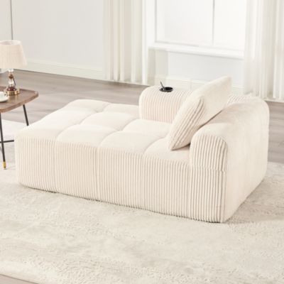 Canapé Méridienne 1 Place - Sans Assemblage avec Porte-Gobelet et Poches Latérales, Coussin de Dossier - Velours Côtelé Beige