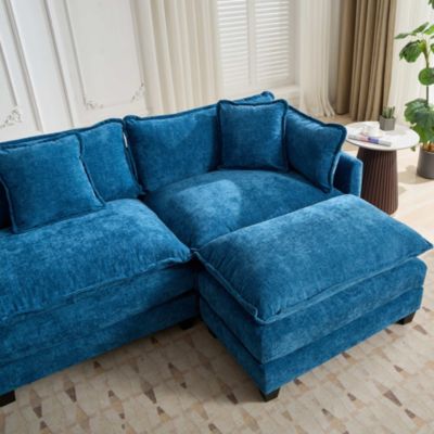 Canapé modulable 1 place (pouf) en tissu chenille bleu, velours, structure bois massif, assise profonde 64 cm