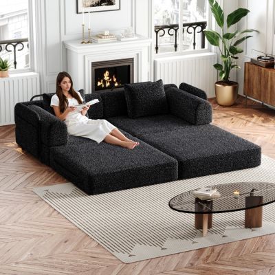 Canapé Modulable 2 Places avec Rangement - 2 en 1, Structure Métal, 2 Pièces, Chenille, Noir