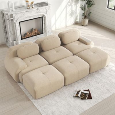 Canapé modulable 3 places avec poufs en velours côtelé,beige,accoudoirs ultra-larges,rembourrage élastique 32D,adapté aux animaux