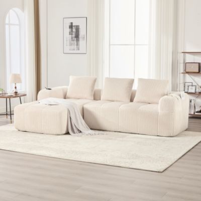 Canapé Modulable 4 Places - Canapé Confortable Moderne avec Poches Latérales et Porte-Gobelet - Velours Côtelé Beige
