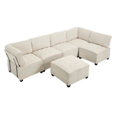 Canapé Modulable 6 Places Velours Côtelé U/L/Lit Bois Métal Beige Blackcolors