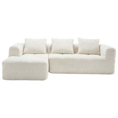 Canapé modulable en L,3 places,beige,chenille avec chaise longue,accoudoirs,3 coussins,poche latérale