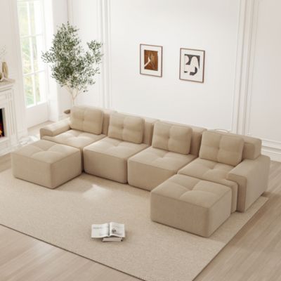 Canapé Modulable en U - Canapé Sans Structure 4 Places, Méridienne, Velours Côtelé Beige, Sans Montage, 382x177x69 cm