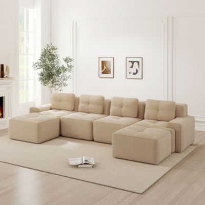 Canapé Modulable en U - Canapé Sans Structure 4 Places, Méridienne, Velours Côtelé Beige, Sans Montage, 382x177x69 cm