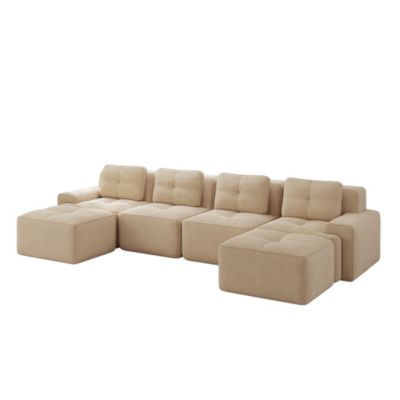 Canapé Modulable en U - Canapé Sans Structure 4 Places, Méridienne, Velours Côtelé Beige, Sans Montage, 382x177x69 cm