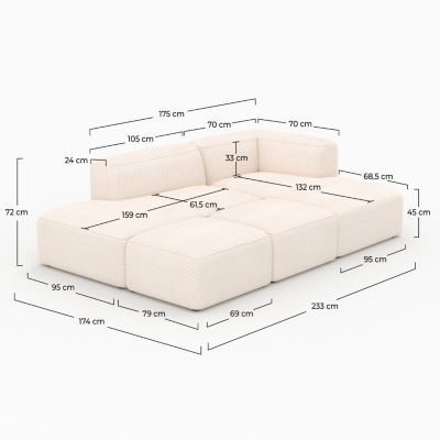 Canapé modulable en velours côtelé blanc 4 places avec 2 poufs - Mina