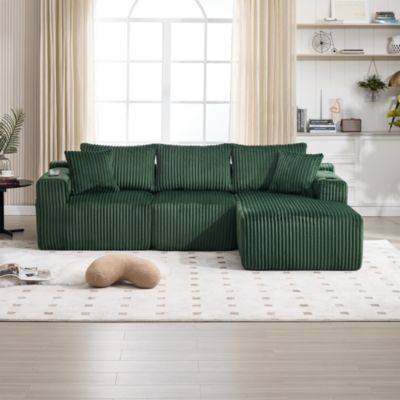 Canapé modulaire 2 places avec méridienne 257x160x62 cm en corduroy émeraude, 5 coussins, porte-gobelets