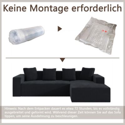 Canapé modulaire 3 place,Canapé d'angle en L avec d'assise profonde,canapés de compression,Tissu velours côtelé,261x146x65cm(Noir)