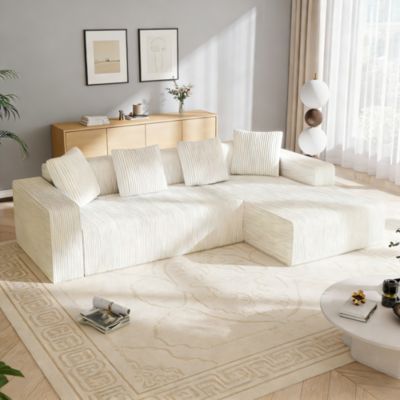 Canapé modulaire 3 place,Canapé d'angle en L avec d'assise profonde,canapés de compression,Tissu velours côtelé(Blanc+beige)