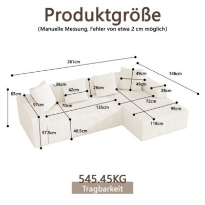 Canapé modulaire 3 place,Canapé d'angle en L avec d'assise profonde,canapés de compression,Tissu velours côtelé(Blanc+beige)