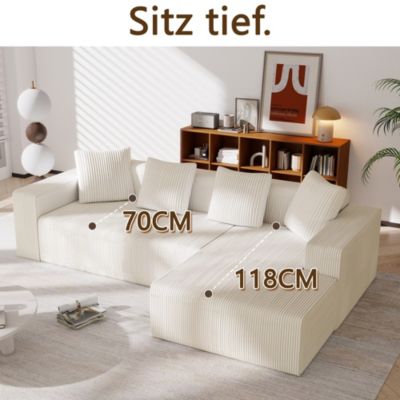 Canapé modulaire 3 place,Canapé d'angle en L avec d'assise profonde,canapés de compression,Tissu velours côtelé(Blanc+beige)
