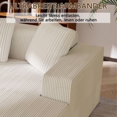 Canapé modulaire 3 place,Canapé d'angle en L avec d'assise profonde,canapés de compression,Tissu velours côtelé(Blanc+beige)