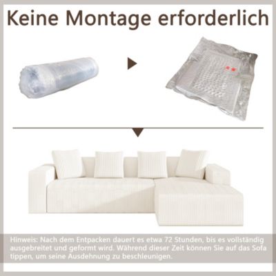 Canapé modulaire 3 place,Canapé d'angle en L avec d'assise profonde,canapés de compression,Tissu velours côtelé(Blanc+beige)