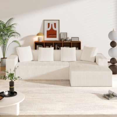 Canapé modulaire 3 place,Canapé d'angle en L avec d'assise profonde,canapés de compression,Tissu velours côtelé(Blanc+beige)
