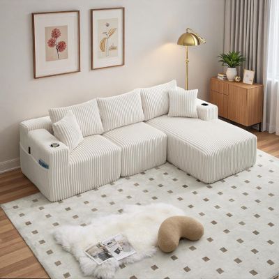 Canapé modulaire 3 place,Canapé d'angle en L avec poches latérales et porte-gobelet,canapés de compression,velours côtelé,Beige