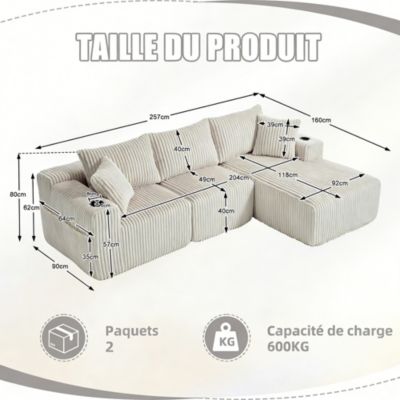 Canapé modulaire 3 place,Canapé d'angle en L avec poches latérales et porte-gobelet,canapés de compression,velours côtelé,Beige