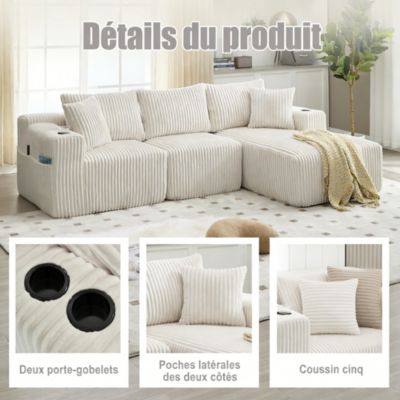 Canapé modulaire 3 place,Canapé d'angle en L avec poches latérales et porte-gobelet,canapés de compression,velours côtelé,Beige
