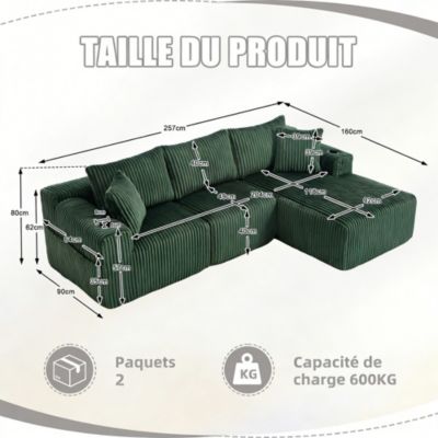 Canapé modulaire 3 place,Canapé d'angle en L avec poches latérales et porte-gobelet,canapés de compression,velours côtelé,Émeraude