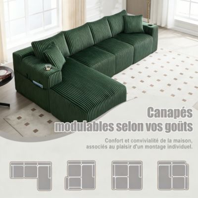 Canapé modulaire 3 place,Canapé d'angle en L avec poches latérales et porte-gobelet,canapés de compression,velours côtelé,Émeraude