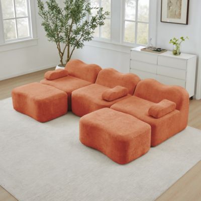 Canapé modulaire 3 places en U, 2 poufs, mousse haute densité 32D, assise profonde, coussin d'accoudoir amovible, orange
