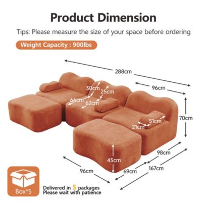 Canapé modulaire 3 places en U, 2 poufs, mousse haute densité 32D, assise profonde, coussin d'accoudoir amovible, orange