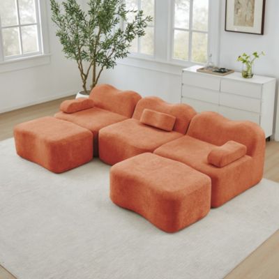Canapé modulaire 3 places en U, 2 poufs, mousse haute densité 32D, assise profonde, coussin d'accoudoir amovible, orange