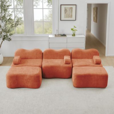 Canapé modulaire 3 places en U, 2 poufs, mousse haute densité 32D, assise profonde, coussin d'accoudoir amovible, orange