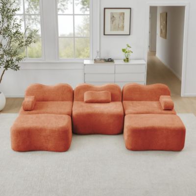 Canapé modulaire 3 places en U, 2 poufs, mousse haute densité 32D, assise profonde, coussin d'accoudoir amovible, orange