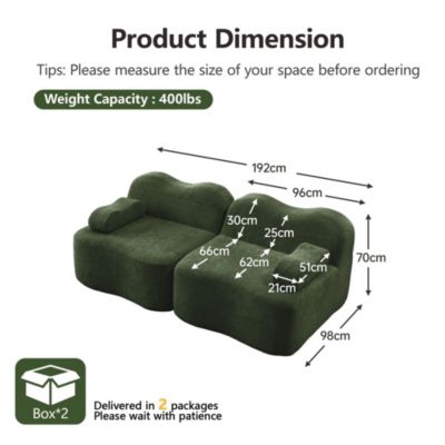 Canapé modulaire sans structure,vert,2 places, coussins profonds, accoudoirs mobiles