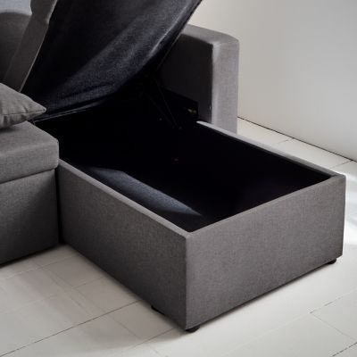 Canapé panoramique convertible en tissu gris foncé. 4 places. coffre rangement. lit modulable