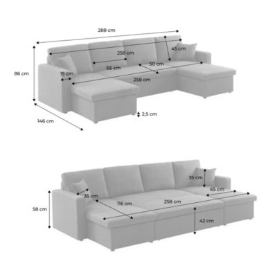 Canapé panoramique convertible en tissu gris foncé. 4 places. coffre rangement. lit modulable