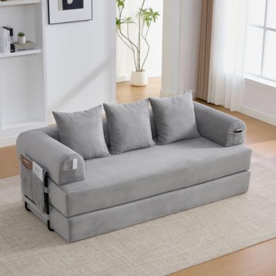Canapé pliable à compression,structure métallique robuste,gris clair,poches latérales et 3 coussins