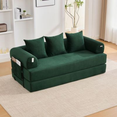 Canapé pliable,Émeraude,cadre métallique robuste,poches latérales,3 coussins