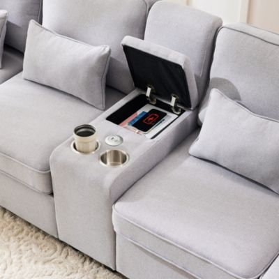 Canapé 4 Places Moderne Avec Console Centrale - Tissu Lin, 2 Ports USB, 2 Porte-gobelets, Poches Accoudoirs - Gris Foncé - 2