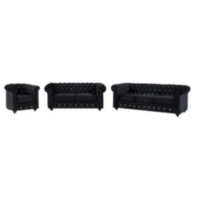 Canapés 3 places, 2 places et fauteuil en velours noir et boutons effet cristal CHESTERFIELD